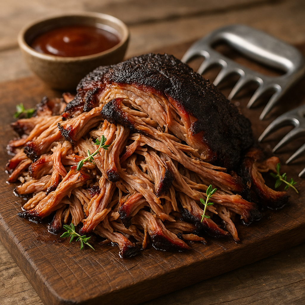 Tender smoked pulled pork with crispy bark on a wooden cutting board surrounded by smoke, ready to serve after following this smoked pulled pork recipe